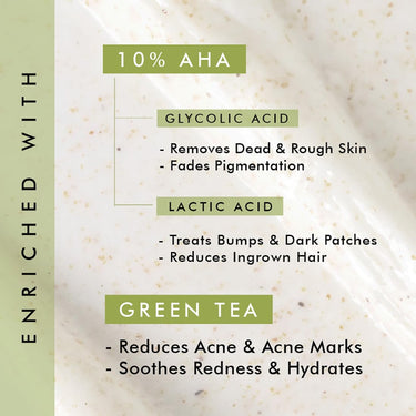 mCaffeine 10% AHA & Green Tea Body Scrub for Tan Removal & Soft-Smooth Skin | For Women & Men | De-Tan Bathing Scrub with Coconut Oil, Removes Dirt & Dead Skin from Neck, Knees, Elbows & Arms